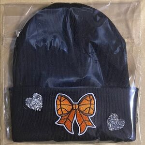 Black Beanie with Basketball Bow and Silver Hearts